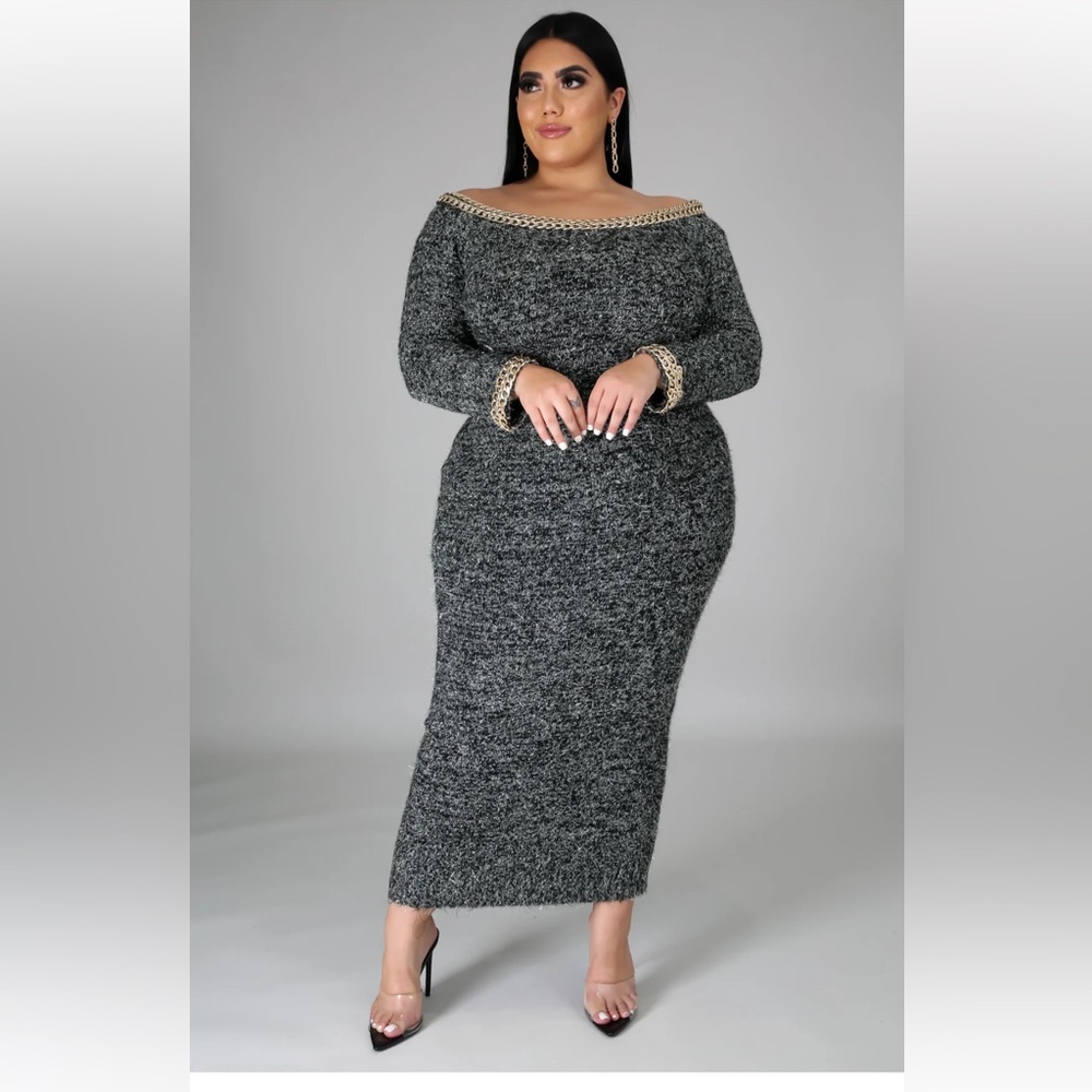 NWOT ELEVEN5 GUNMETAL CHENILLE KNIT OFF SHOULDER GOLD CHAIN MIDI SWEATER size 1x